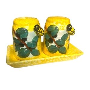 RARE French Ceramic Yellow Salt and Pepper Shaker Set with Bees and Olives